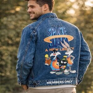 Space Jam Members Only Denim Jacket Looney Tunes Graphic Large NWT